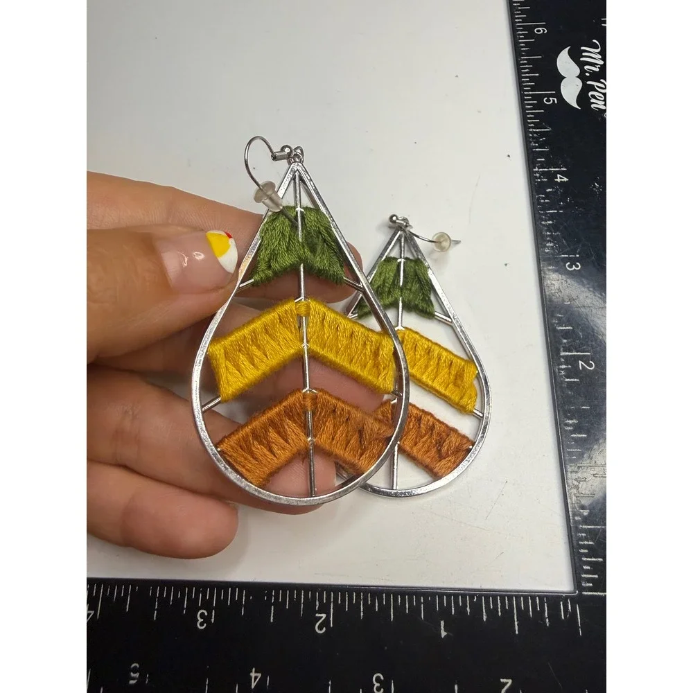 Boho Embroidered Teardrop Earrings Chevron Thread Wrapped Silver Tone Dangle